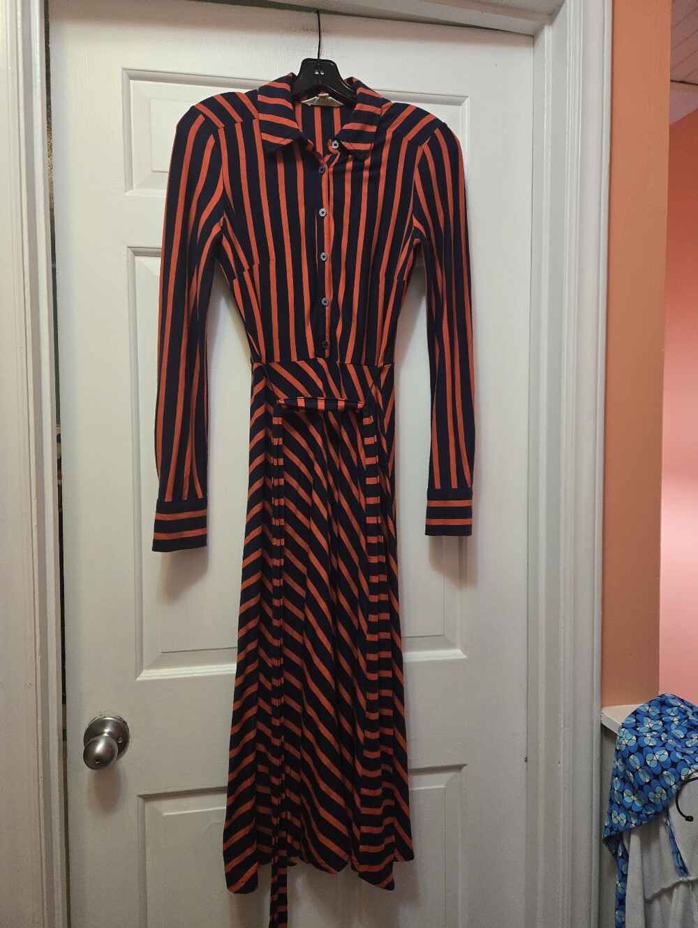 Boden Striped Long-Sleeve Shirt Dress in Red and Navy